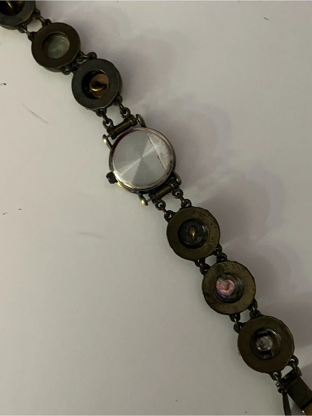 Vtg Grandmother's Buttons Antique Brass Mother of Pearl Link Watch Signed